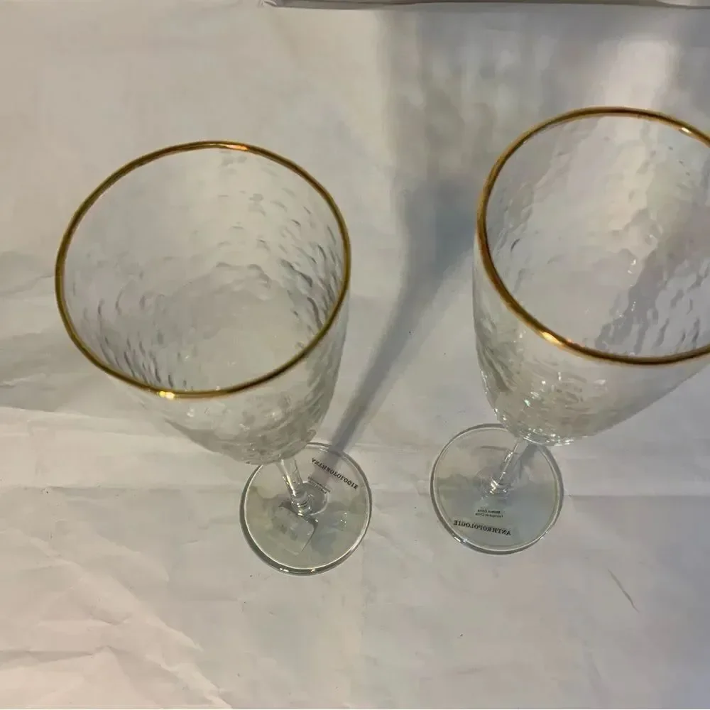 New Anthropologie Hand Blown Iridescent Wine Glasses with Gold Rim Set of 2 A10